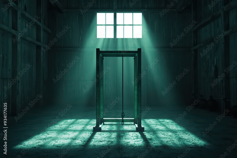 Poster a mysterious, illuminated structure stands in a rustic space, casting shadows and evoking a sense of