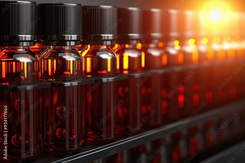 Poster a row of glass bottles with amber liquid, illuminated by soft light, creating an alluring and captiv