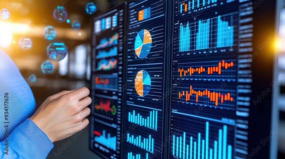 Poster a professional analyzing data trends on digital screens with vibrant charts and graphs in a modern w