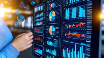 A professional analyzing data trends on digital screens with vibrant charts and graphs in a modern workspace.