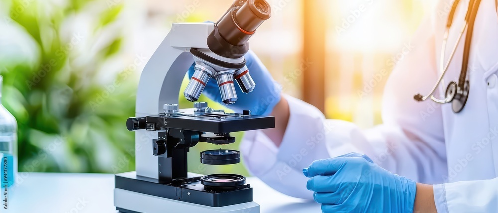 Poster a scientist examines a sample under a microscope, showcasing precision and research in a laboratory 
