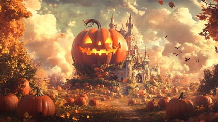 Spellbinding Halloween Pumpkin Castle in Enchanting Dreamlike Landscape