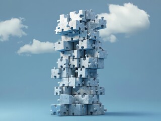 Tower made of puzzle pieces, symbolizing strategic success, 3D illustration
