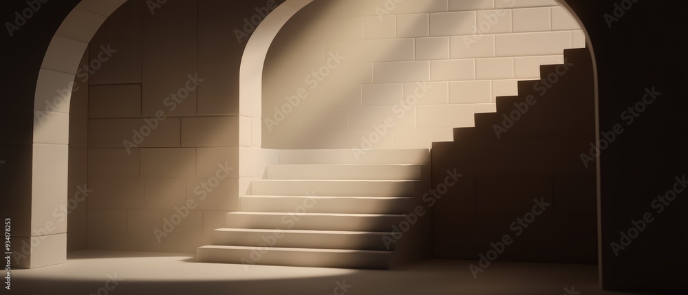 Aufkleber a serene interior showcasing a staircase illuminated by soft light, creating a tranquil and inviting