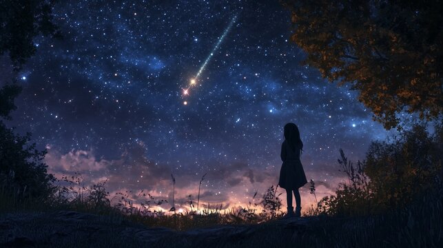A girl makes a wish on a falling star on a clear night. A young girl admires the starry sky.