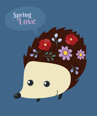 Cute Spring Love Illustration with Hedgehog at Flowers