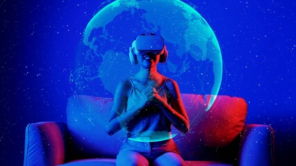 Siting on sofa woman using VR turning rotate surface earth metaverse pointing bright lighting neon...