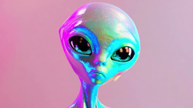 A curious alien with oversized dark eyes displays a contemplative expression, surrounded by vivid pink and purple hues