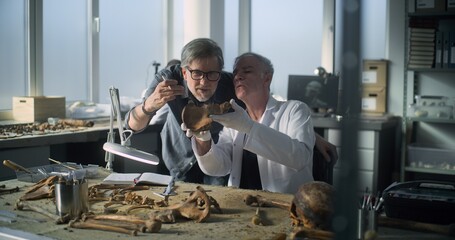 Archaeological laboratory: Senior paleoanthropologist examines fossil prehistoric human skeleton...