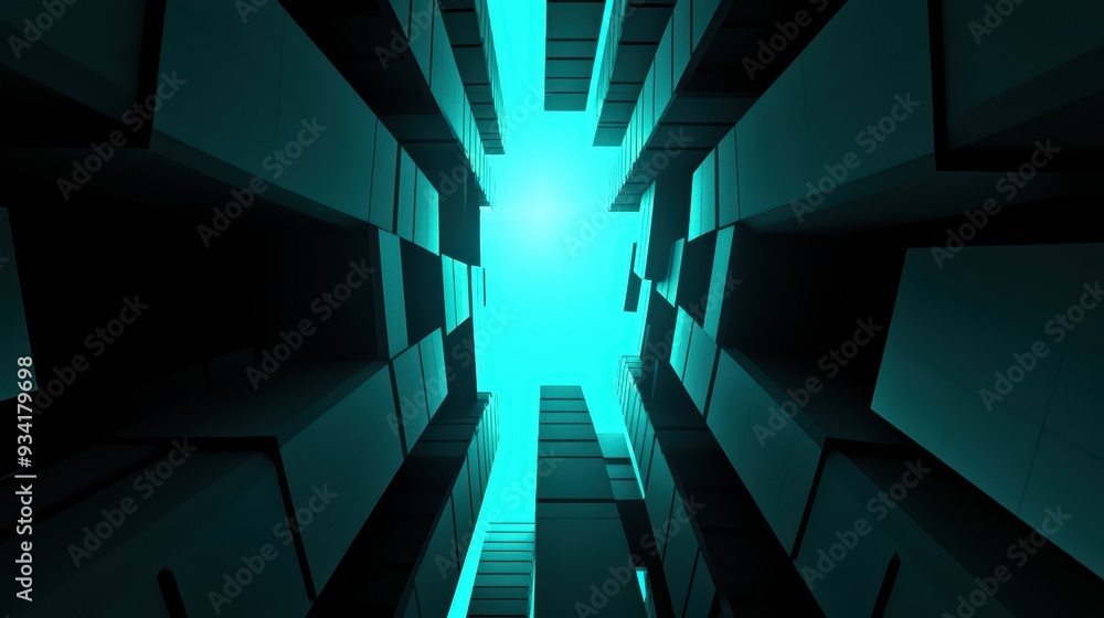 Poster a stunning view looking up through an abstract urban structure, showcasing sharp lines and vibrant t