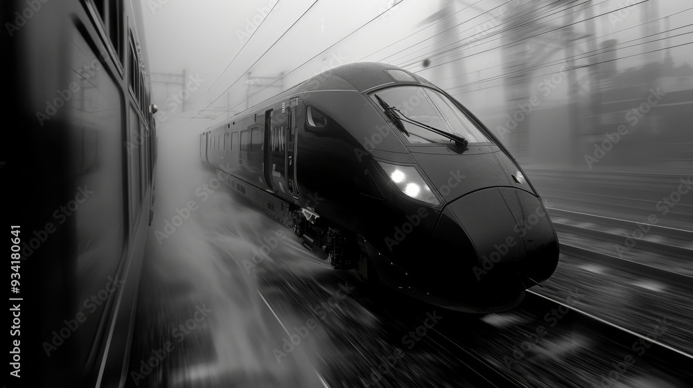 Poster document the harmony of urban design with images of a fast-moving commuter train traversing sleek mo