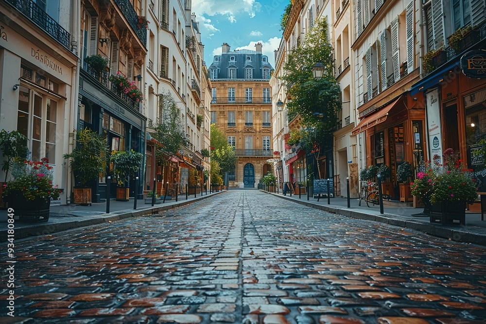 Poster a cobblestone street with a row of shops on either side
