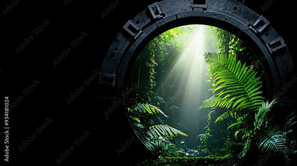 Poster a vivid jungle view framed by a circular portal, showcasing lush greenery and rays of sunlight filte