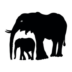 Fototapeta premium Silhouette of elephant with her baby. Silhouette of elephants. Elephant shadow hand drawn. Animal Elephant Silhouette