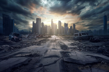 Abandoned highway with rusting vehicles and broken asphalt, leading towards a distant, crumbling city skyline under a stormy sky.
