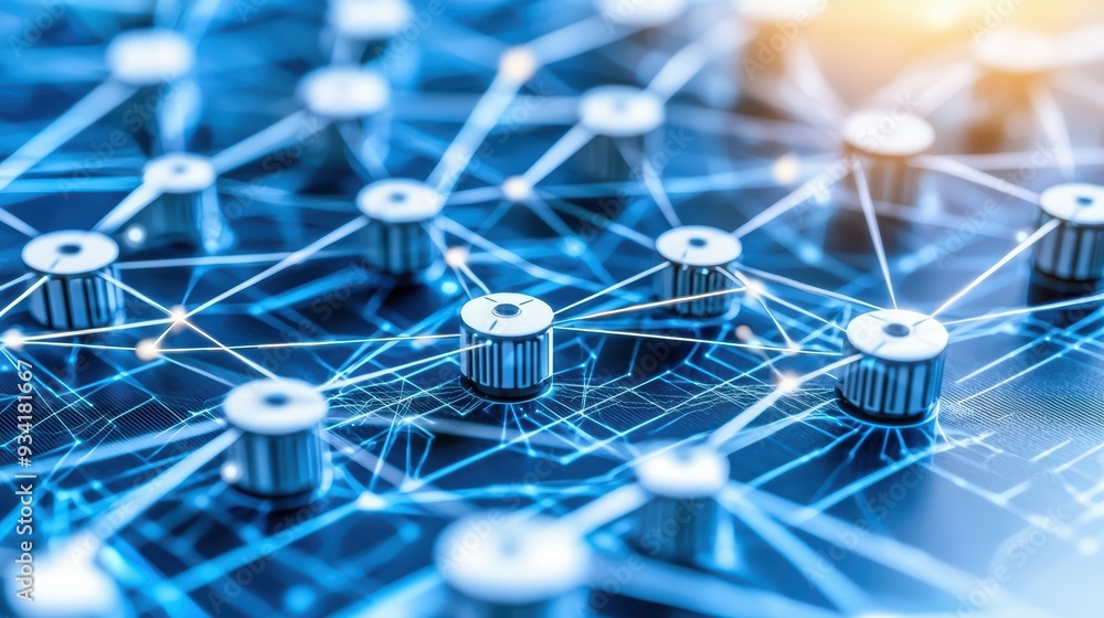 Poster abstract technological background featuring interconnected nodes and circuits with a blue glow, repr