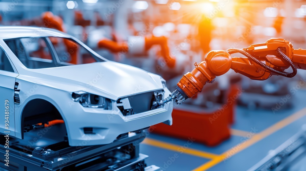 Poster advanced robotic arm assembling a white car in a modern automotive factory setting with bright light