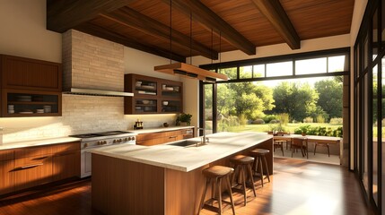 Modern Kitchen With Large Window View Of Backyard