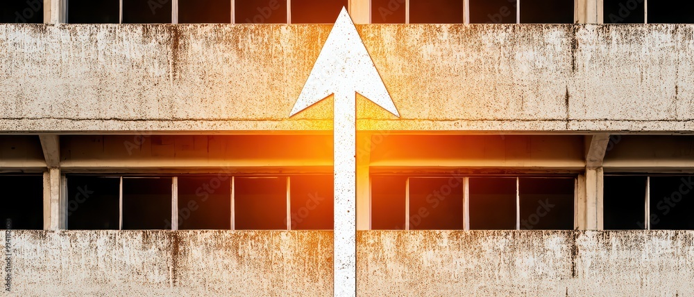 Poster an upward arrow symbol against a weathered building backdrop, representing progress, growth, and dir