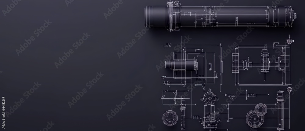 Poster blueprint design of mechanical components on a dark background, showcasing engineering precision and