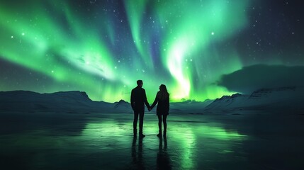 Fototapeta premium Couple in love holding hands against the backdrop of the northern lights. Postcard for February 14