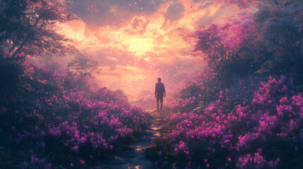 Fototapeta premium Silhouette of a person walking through a mystical flower-filled landscape at sunset