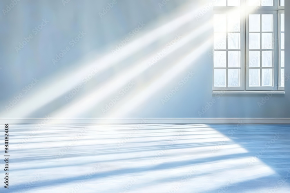 Poster Bright empty room with soft sunlight streaming through large windows, creating a serene and inviting atmosphere.