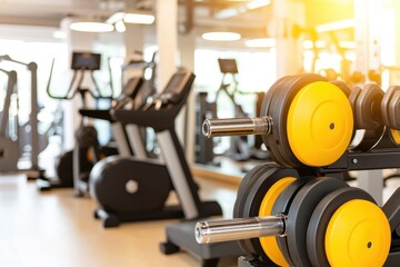 Obraz premium Bright gym interior featuring dumbbells and exercise machines for fitness enthusiasts seeking an effective workout space.