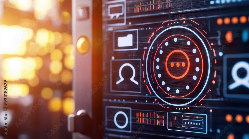 Poster close-up of a futuristic interface displaying icons and buttons, illuminated by vibrant colors, idea