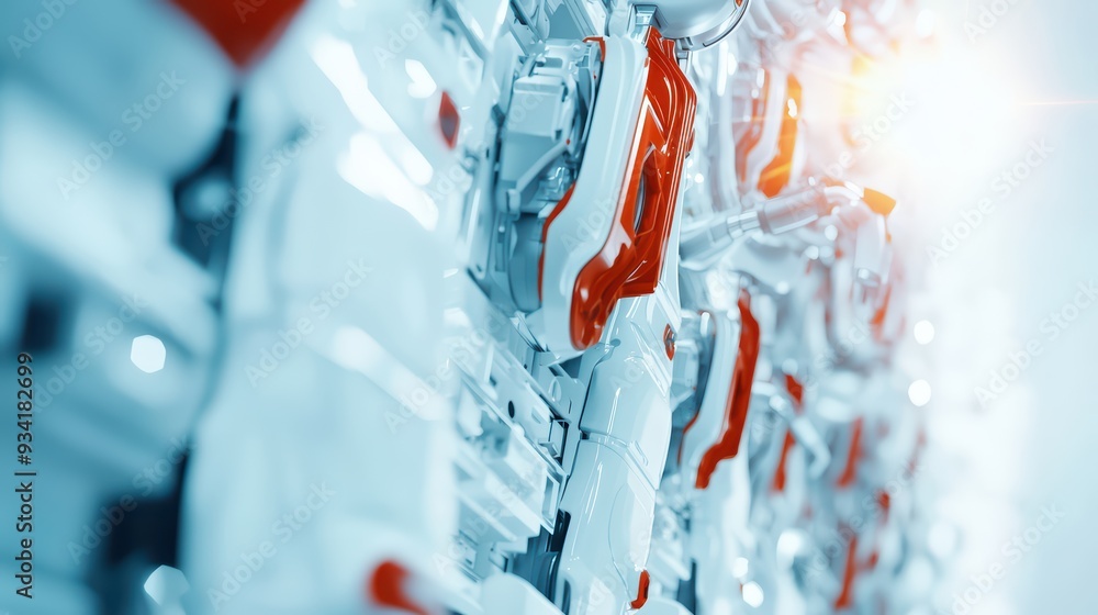 Poster close-up of a futuristic robotic mechanism with sleek design and vibrant colors, showcasing advanced