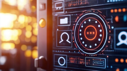 Obraz premium Close-up of a futuristic interface displaying icons and buttons, illuminated by vibrant colors, ideal for technology themes.