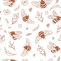 Bees and flowers seamless pattern, monochrome vector drawing, doodle illustration