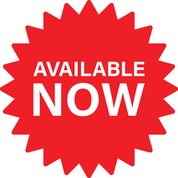 Available now label . Red available now icon . Vector illustration