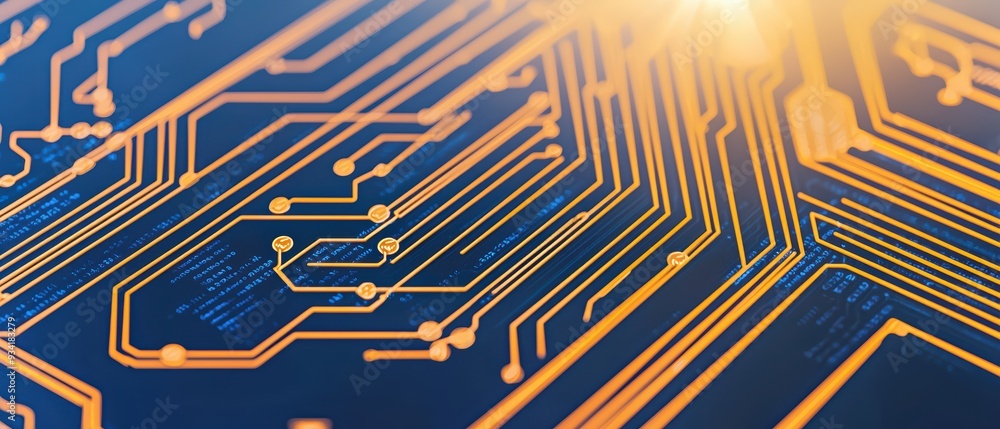 Poster close-up view of a circuit board with vibrant orange lines and glowing connections, representing tec