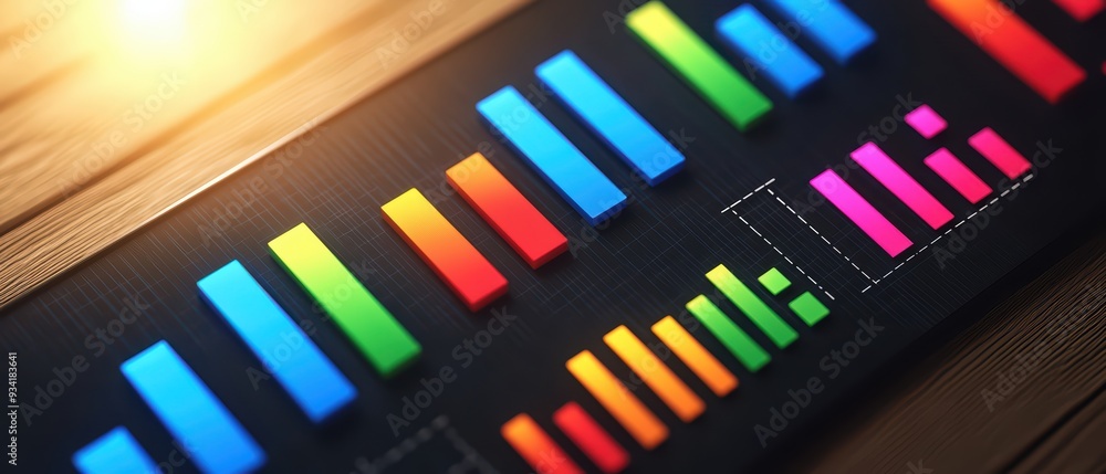Poster colorful bar graph representation on a dark background, showcasing data visualization and analysis. 