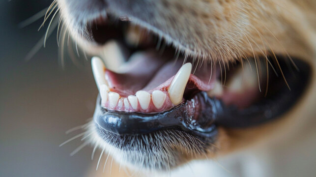 Close-up of a single dog tooth, with the rest of the face blurred out for focus