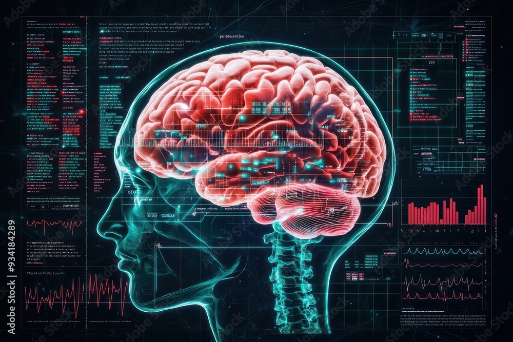 Aufkleber digital illustration of a human brain highlighting neural connections and data analysis for scientif
