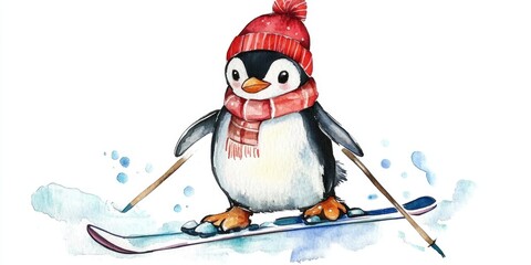 Skiing penguin wearing a hat and scarf in winter Adorable penguin on snow against a white background Playful hand drawn watercolor illustration