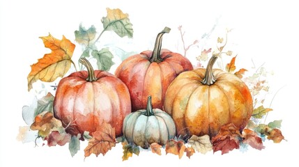 Watercolor composition featuring autumn pumpkins ideal for web and print use