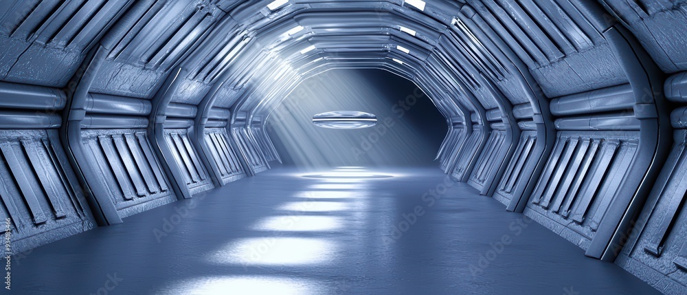 Poster futuristic corridor featuring streamlined architecture with bright lights, perfect for science ficti