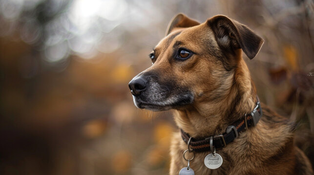 Close-up of a dog's collar tag, with minimal background detail