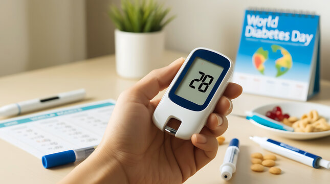 Checking diabetes with digital Glucometer, Healthcare concept. November 14.
