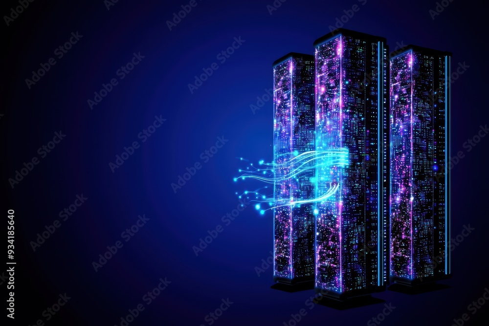 Poster futuristic data center with glowing servers and digital connections, representing advanced technolog