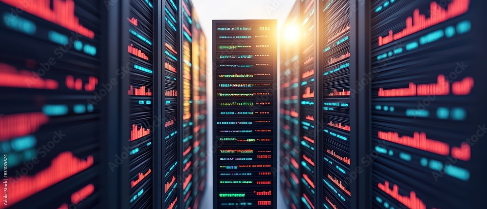 Poster futuristic data center with illuminated server racks and warm sunlight illuminating the high-tech en