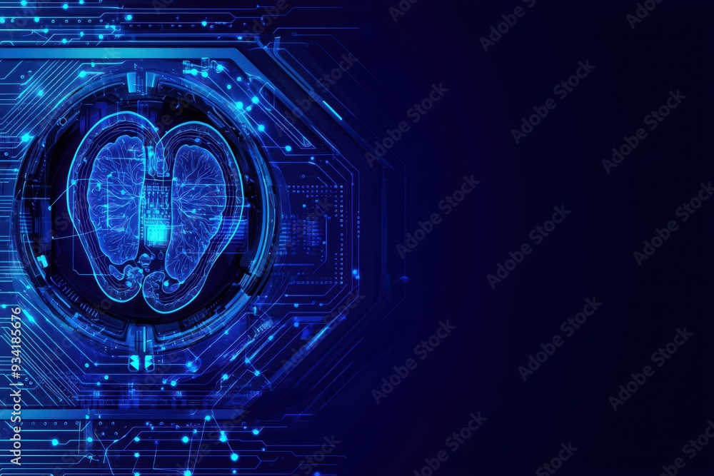 Poster futuristic digital brain design symbolizing artificial intelligence and neural networks in a blue cy
