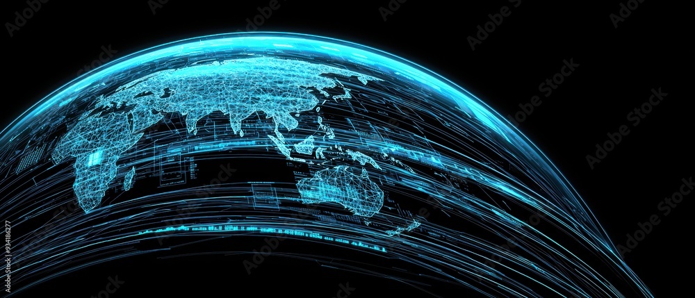 Poster futuristic holographic world map with digital data streams, representing connectivity and technology