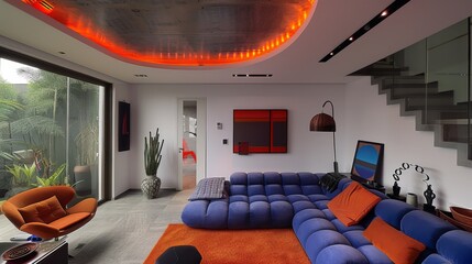 Create a modern living room with a statement piece of furniture, such as a bold-colored sofa or a unique