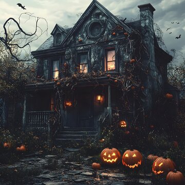 Abandoned House Adorned with Twisted Vines Cracked Pumpkins and Flickering Lights in a
