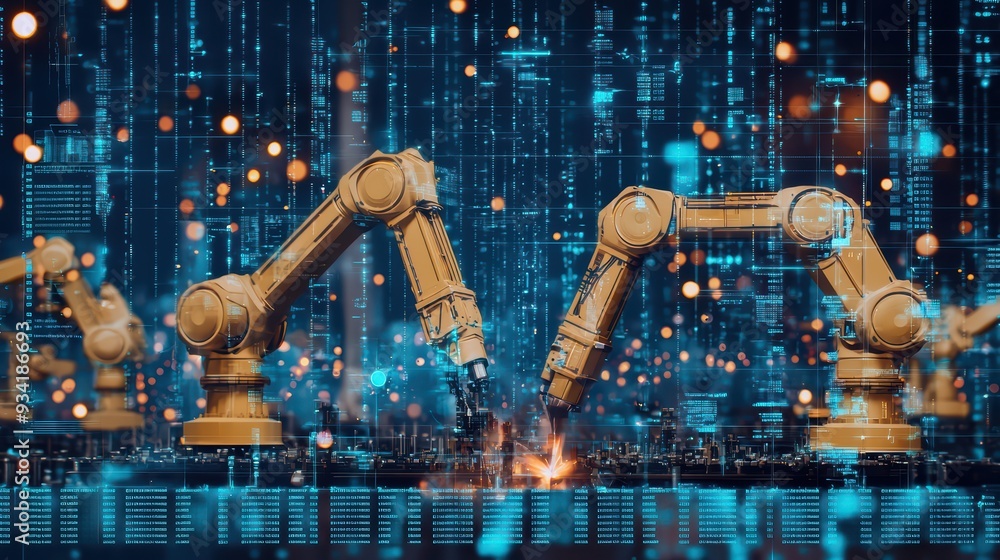 Poster futuristic robotic arms at work, highlighting automation and technology in a modern industrial setti