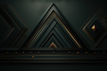 Abstract geometric shapes with gold accents on a dark green background.